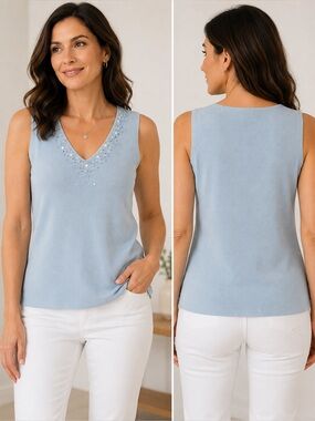 Principles Light Blue Embellished V-Neck Knit Top – Size M